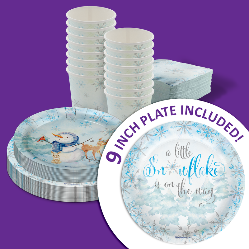 Little Snowflake on The Way Boy's Baby Shower Party Supplies 64 Piece Tableware Set Includes Large 9" Paper Plates Dessert Plates, Cups and Napkins Kit for 16