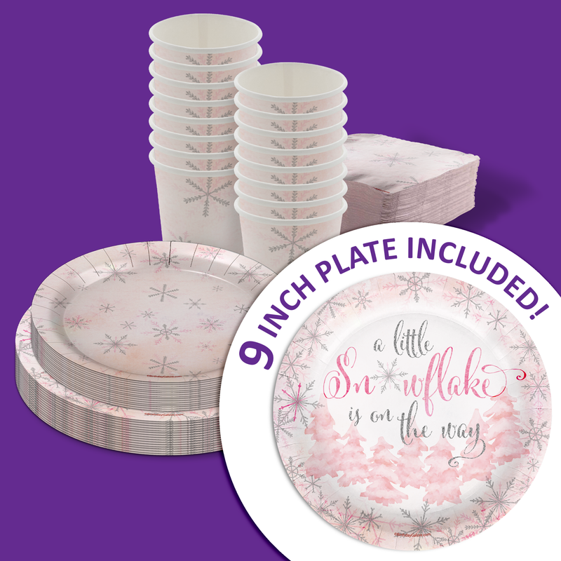 Little Snowflake on The Way Girl's Baby Shower Party Supplies 64 Piece Tableware Set Includes Large 9" Paper Plates Dessert Plates, Cups and Napkins Kit for 16