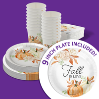 Fall in Love Bridal Shower Party Supplies 64 Piece Tableware Set Includes Large 9" Paper Plates Dessert Plates, Cups and Napkins Kit for 16