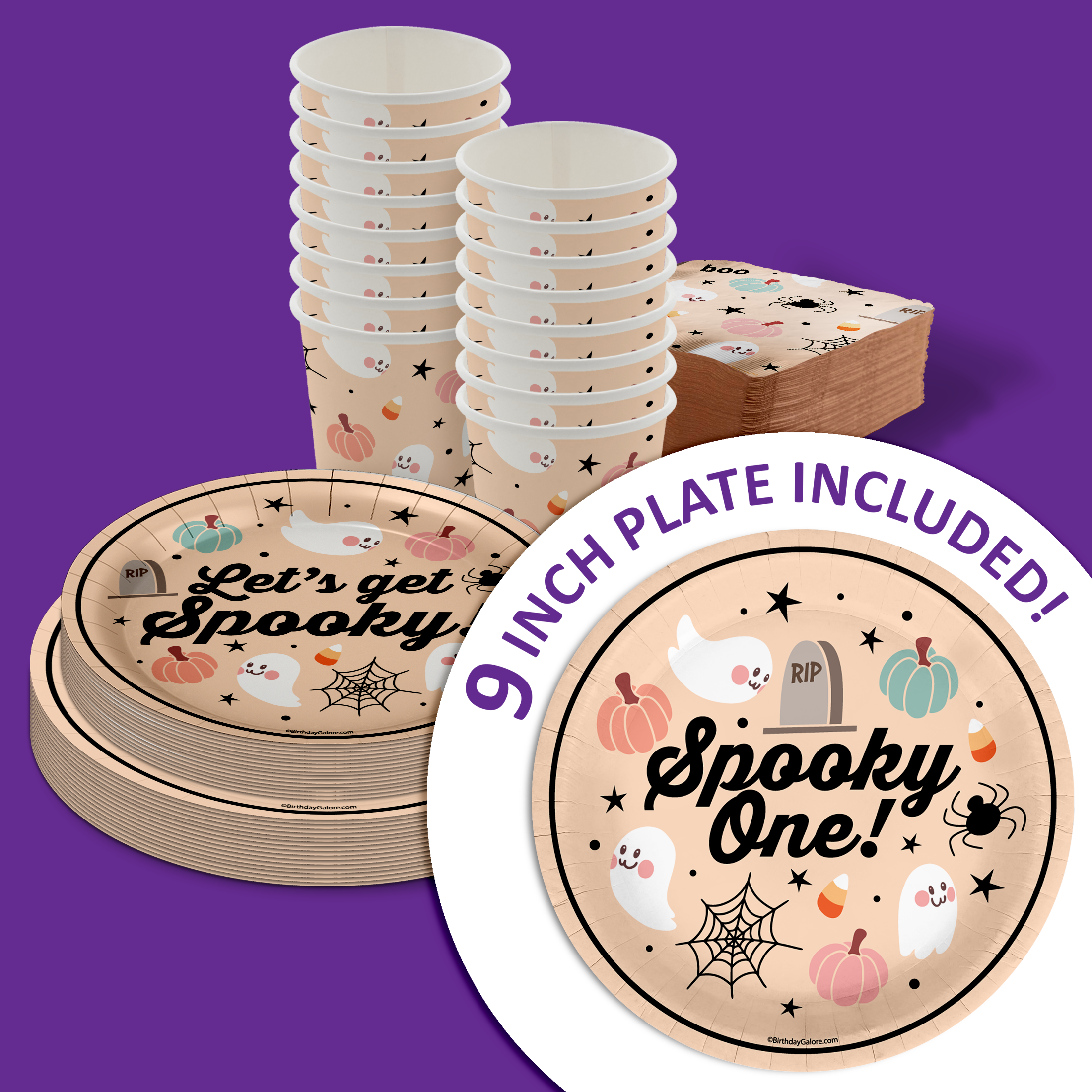 Spooky One 1st Birthday Party Supplies 64 Piece Tableware Set Includes Large 9" Paper Plates Dessert Plates, Cups and Napkins Kit for 16