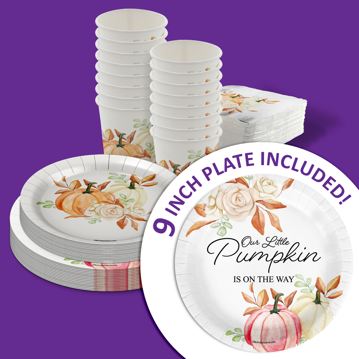 Our Little Pumpkin Is Almost Here Girl Baby Shower Party Supplies 64 Piece Tableware Set Includes Large 9" Paper Plates Dessert Plates, Cups and Napkins Kit for 16