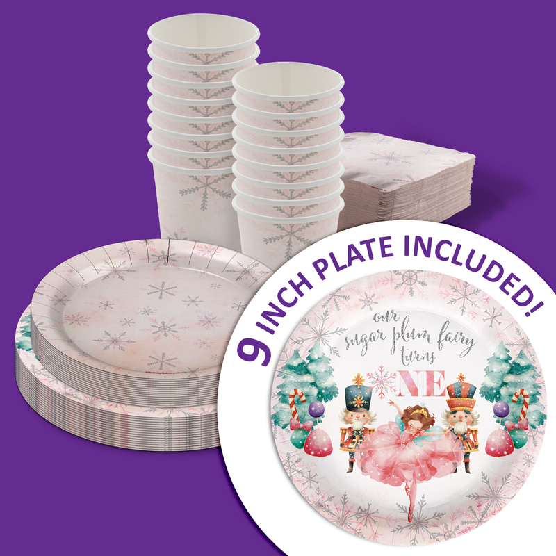 Sugarplum Fairy Turns One 1st Birthday Party Supplies 64 Piece Tableware Set Includes Large 9" Paper Plates Dessert Plates, Cups and Napkins Kit for 16