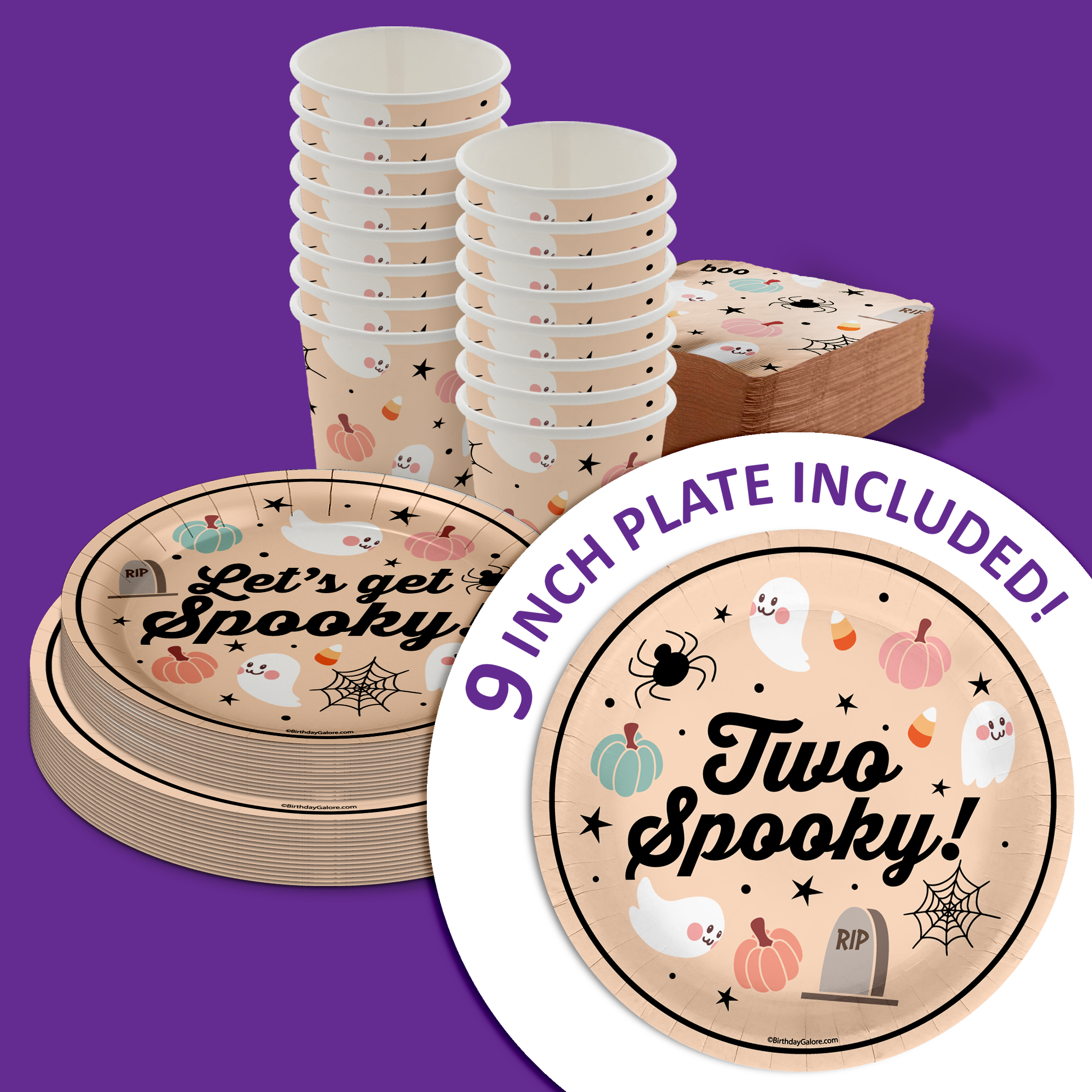 Two Spooky 2nd Birthday Party Supplies 64 Piece Tableware Set Includes Large 9" Paper Plates Dessert Plates, Cups and Napkins Kit for 16