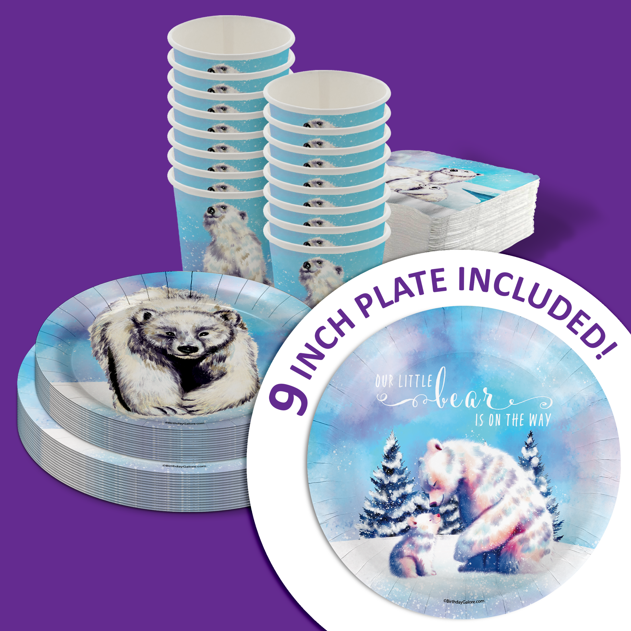 Little Polar Bear on The Way Baby Shower Party Supplies 64 Piece Tableware Set Includes Large 9" Paper Plates Dessert Plates, Cups and Napkins Kit for 16