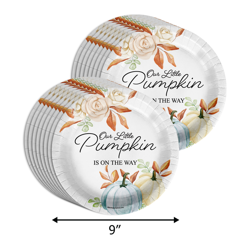 Our Little Pumpkin Is Almost Here Boy Baby Shower Party Supplies 64 Piece Tableware Set Includes Large 9" Paper Plates Dessert Plates, Cups and Napkins Kit for 16