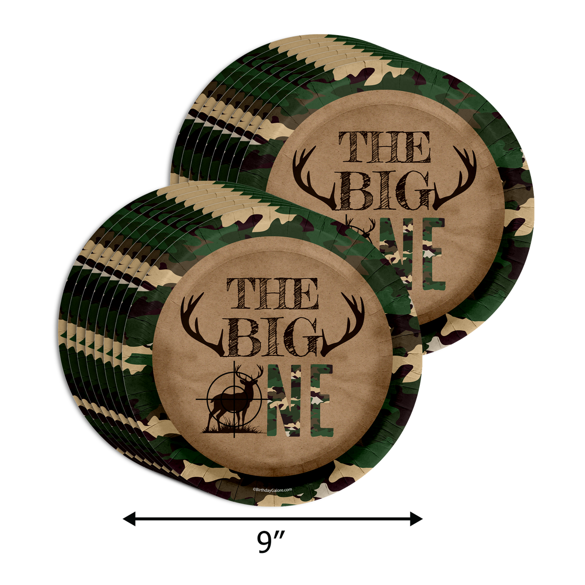 The BIG One Buck Hunter 1st Birthday Party Supplies 64 Piece Tableware Set Includes Large 9" Paper Plates Dessert Plates, Cups and Napkins Kit for 16