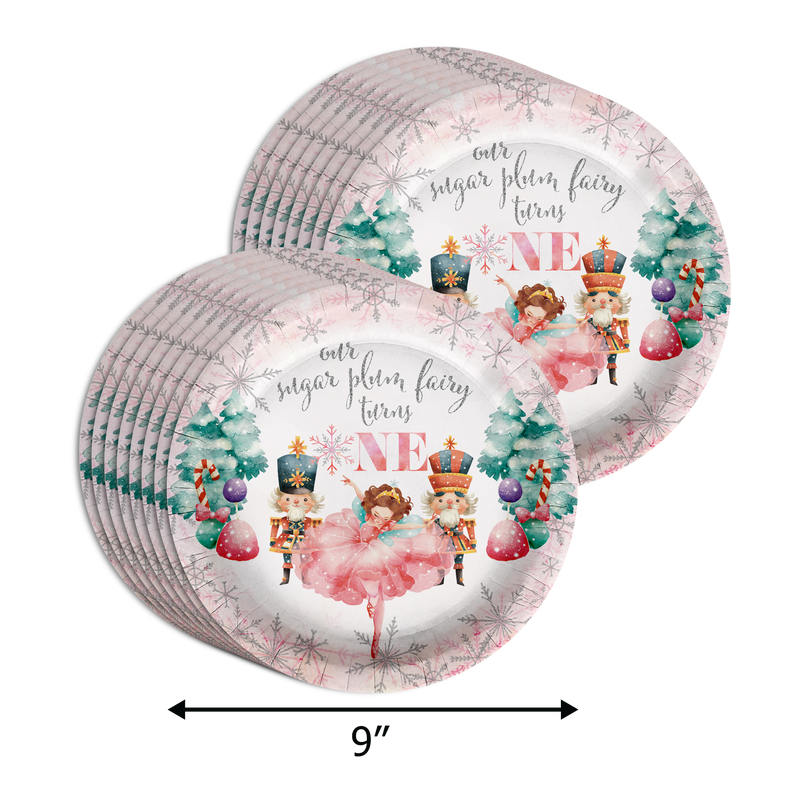 Sugarplum Fairy Turns One 1st Birthday Party Supplies 64 Piece Tableware Set Includes Large 9" Paper Plates Dessert Plates, Cups and Napkins Kit for 16