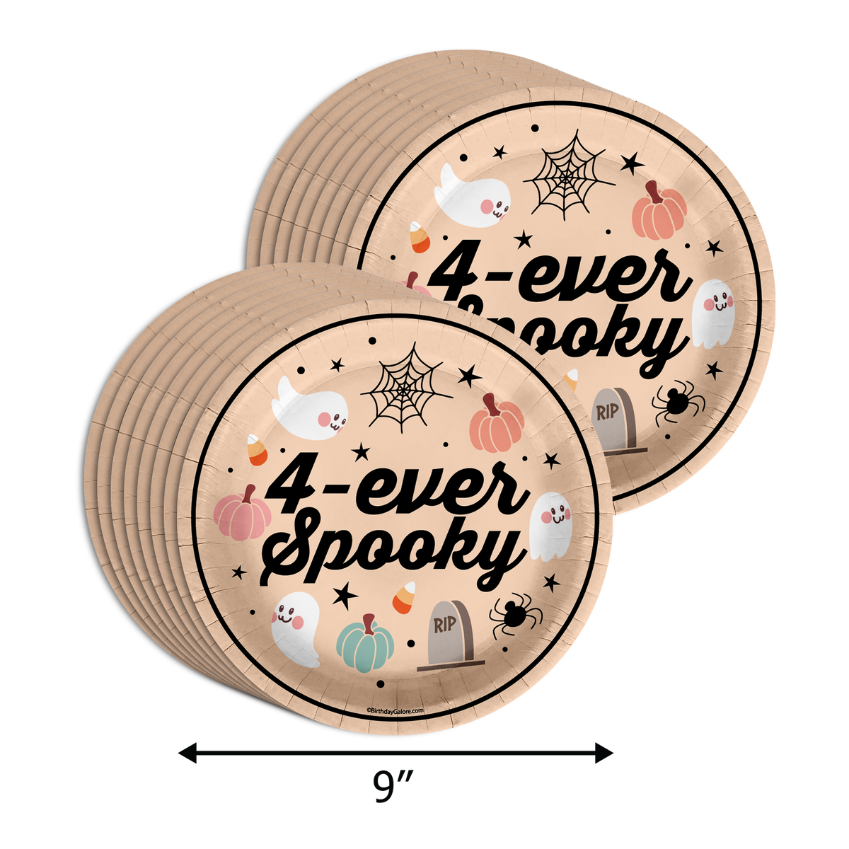 Four Ever Spooky 4th Birthday Party Supplies 64 Piece Tableware Set Includes Large 9" Paper Plates Dessert Plates, Cups and Napkins Kit for 16