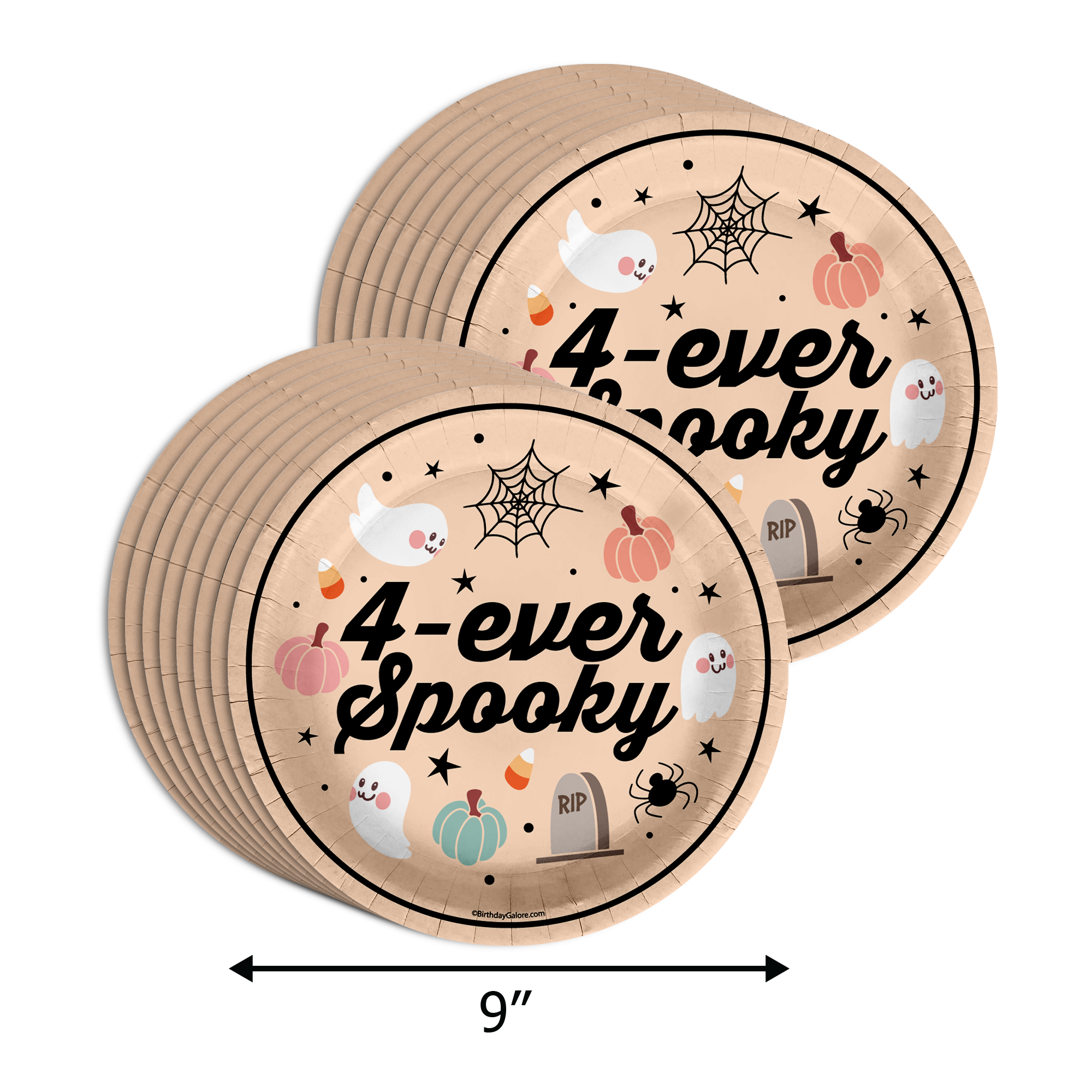 Four Ever Spooky 4th Birthday Party Supplies 64 Piece Tableware Set Includes Large 9" Paper Plates Dessert Plates, Cups and Napkins Kit for 16