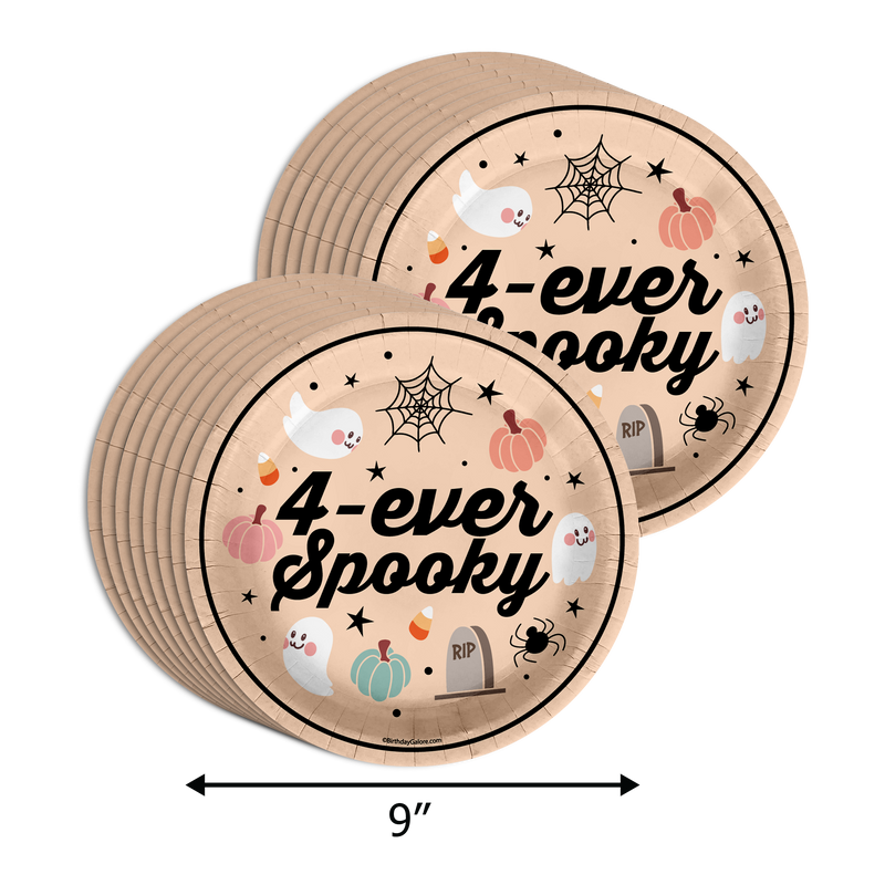 Four Ever Spooky 4th Birthday Party Supplies 64 Piece Tableware Set Includes Large 9" Paper Plates Dessert Plates, Cups and Napkins Kit for 16