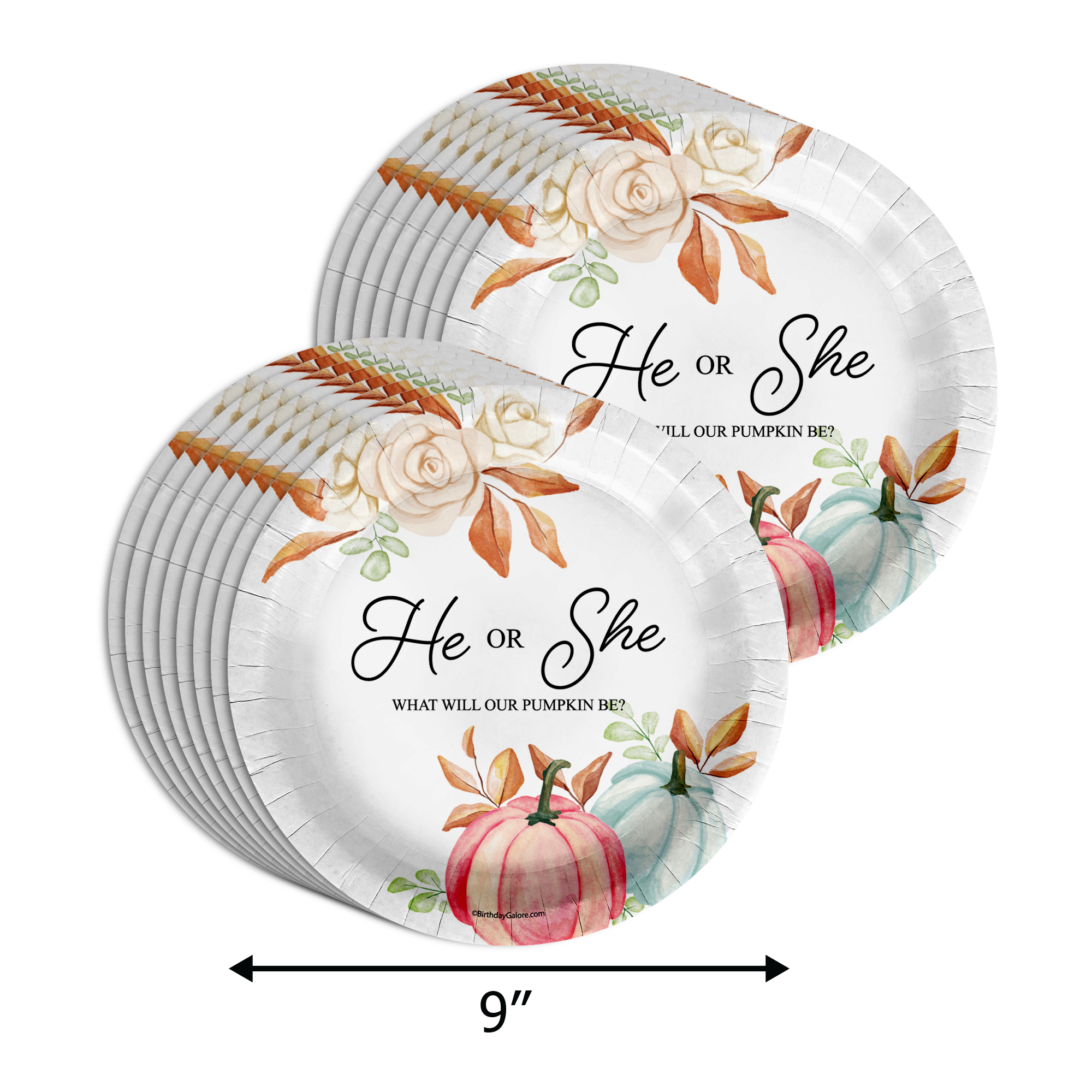 He or She What Will The Little Pumpkin Be Gender Reveal Party Supplies 64 Piece Tableware Set Includes Large 9" Paper Plates Dessert Plates, Cups and Napkins Kit for 16