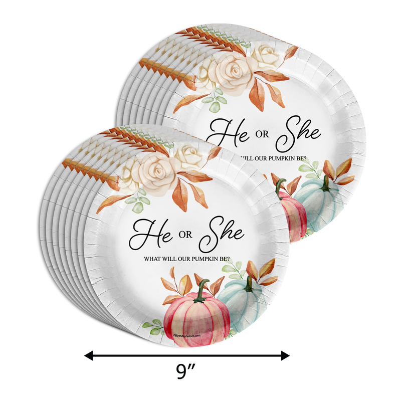 He or She What Will The Little Pumpkin Be Gender Reveal Party Supplies 64 Piece Tableware Set Includes Large 9" Paper Plates Dessert Plates, Cups and Napkins Kit for 16