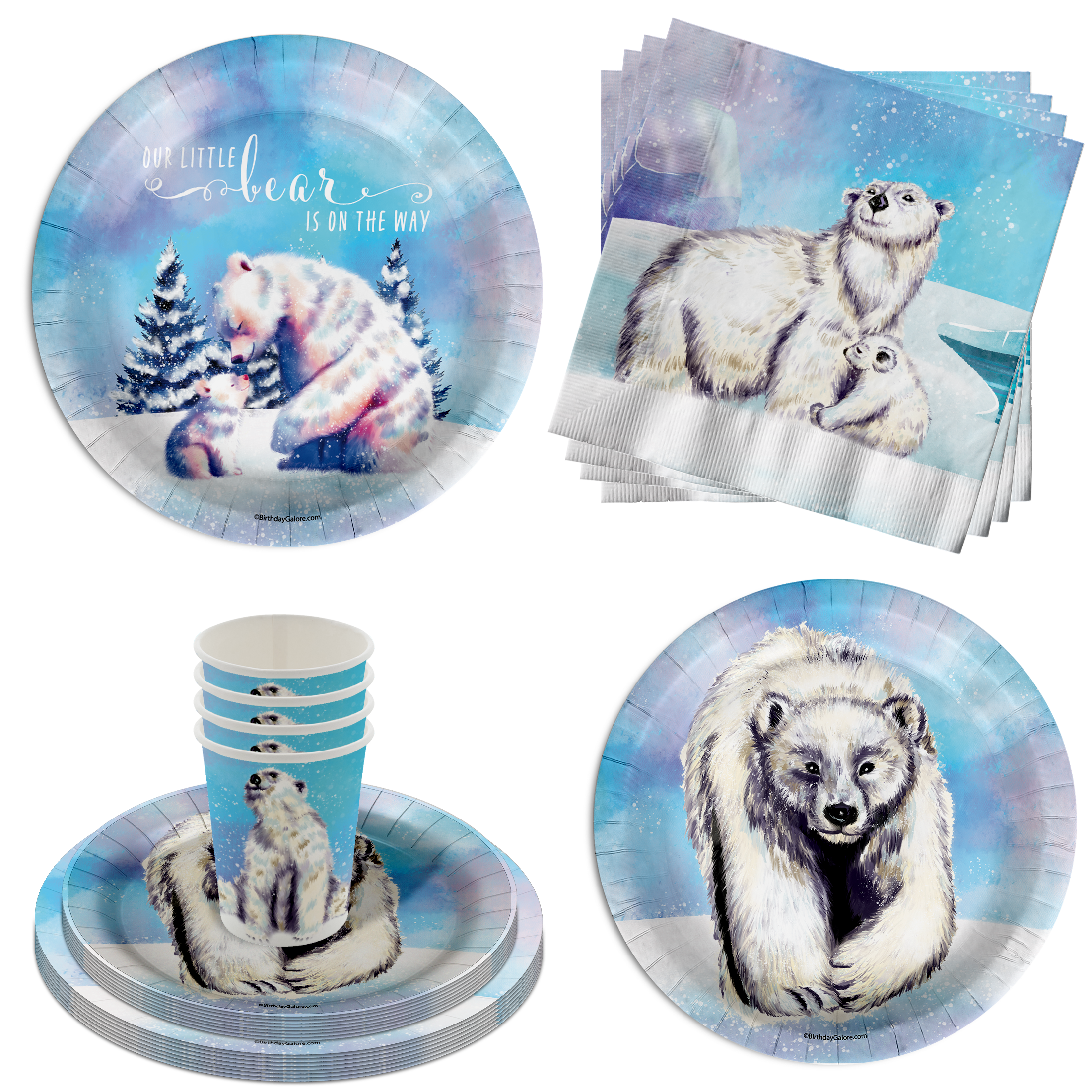 Little Polar Bear on The Way Baby Shower Party Supplies 64 Piece Tableware Set Includes Large 9" Paper Plates Dessert Plates, Cups and Napkins Kit for 16