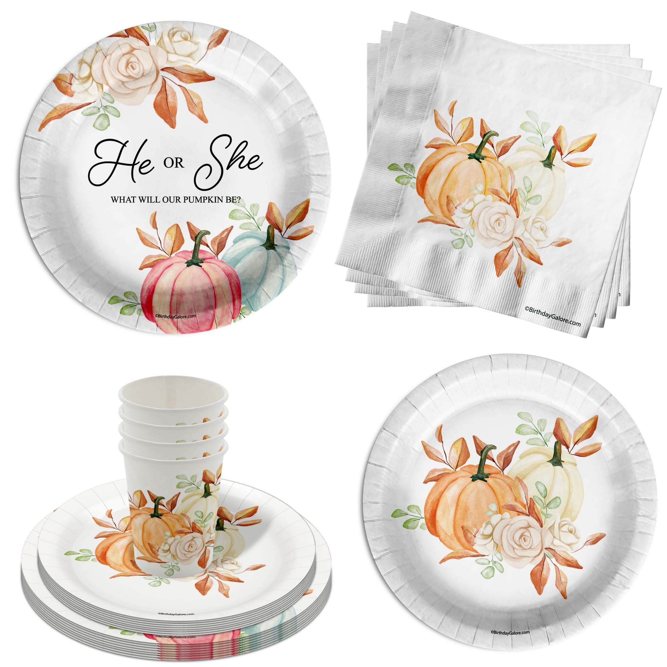 He or She What Will The Little Pumpkin Be Gender Reveal Party Supplies 64 Piece Tableware Set Includes Large 9" Paper Plates Dessert Plates, Cups and Napkins Kit for 16