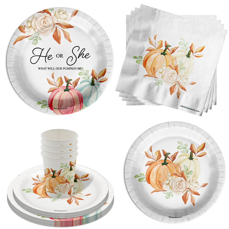 He or She What Will The Little Pumpkin Be Gender Reveal Party Supplies 64 Piece Tableware Set Includes Large 9" Paper Plates Dessert Plates, Cups and Napkins Kit for 16