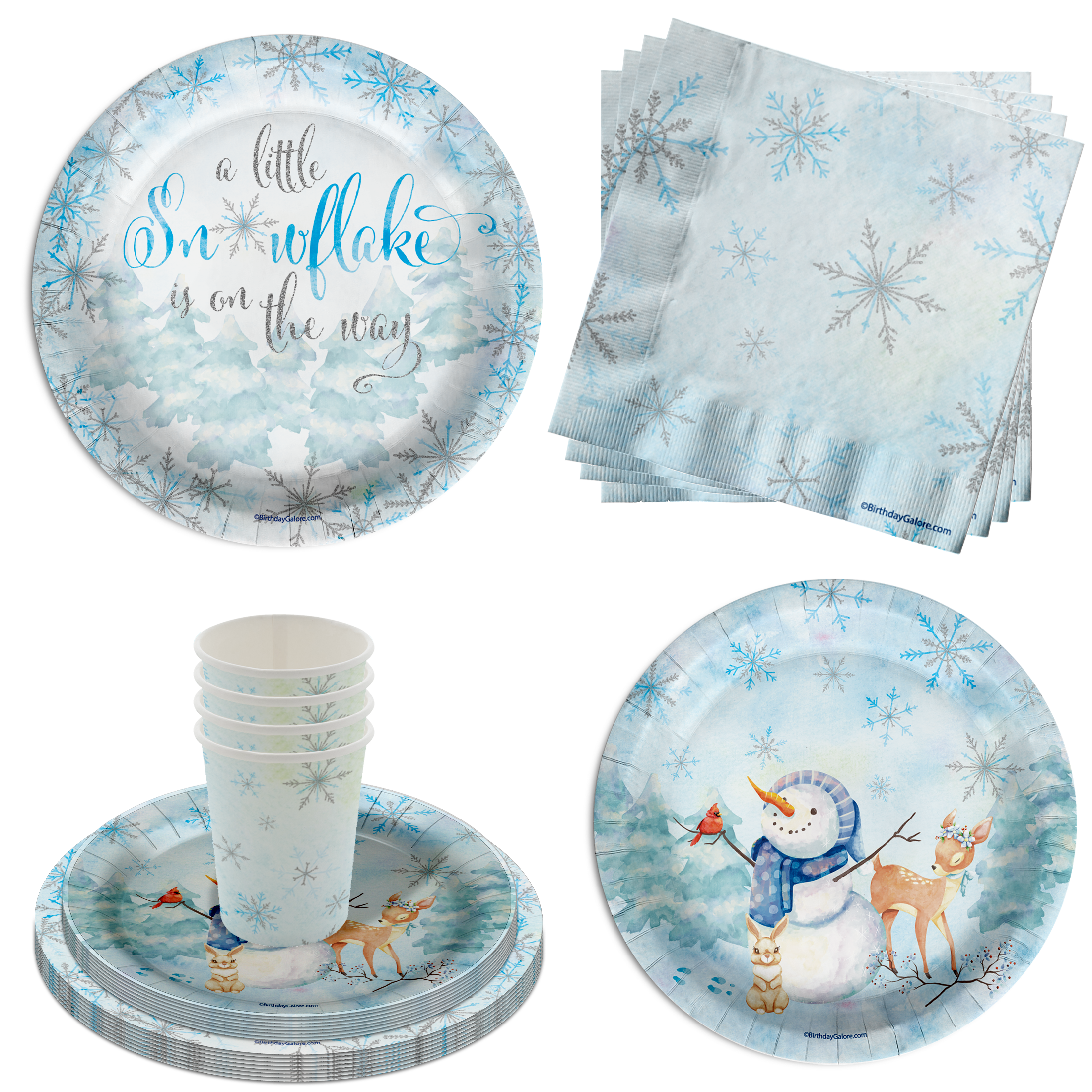 Little Snowflake on The Way Boy's Baby Shower Party Supplies 64 Piece Tableware Set Includes Large 9" Paper Plates Dessert Plates, Cups and Napkins Kit for 16