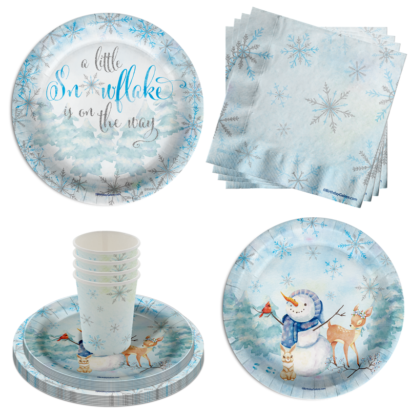 Little Snowflake on The Way Boy's Baby Shower Party Supplies 64 Piece Tableware Set Includes Large 9" Paper Plates Dessert Plates, Cups and Napkins Kit for 16