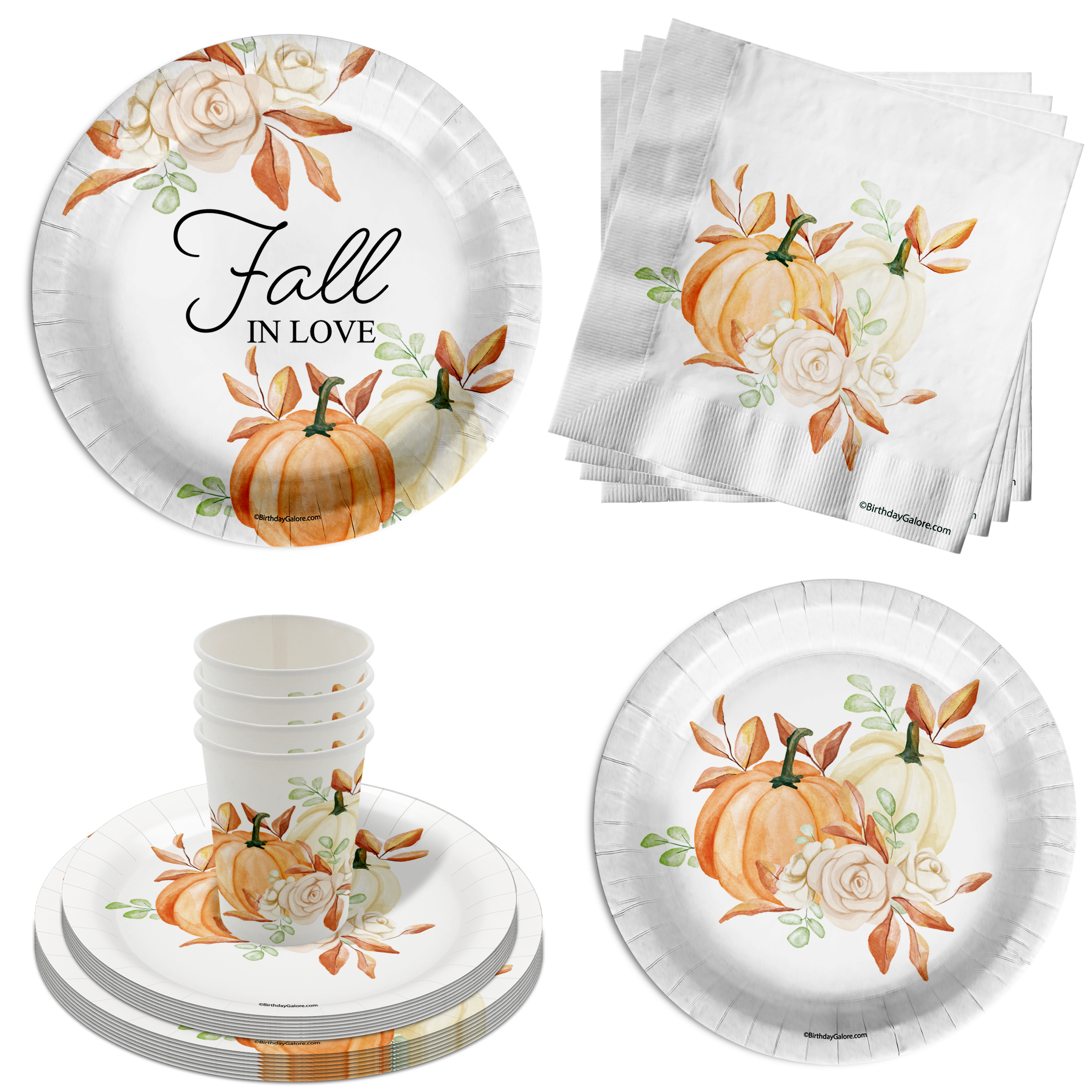 Fall in Love Bridal Shower Party Supplies 64 Piece Tableware Set Includes Large 9" Paper Plates Dessert Plates, Cups and Napkins Kit for 16