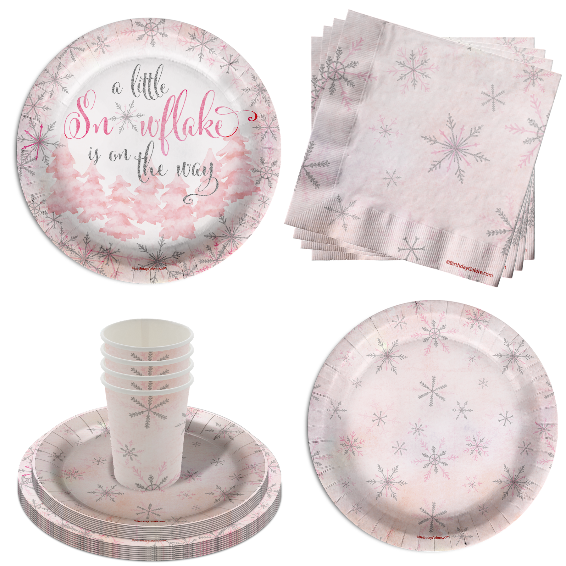 Little Snowflake on The Way Girl's Baby Shower Party Supplies 64 Piece Tableware Set Includes Large 9" Paper Plates Dessert Plates, Cups and Napkins Kit for 16