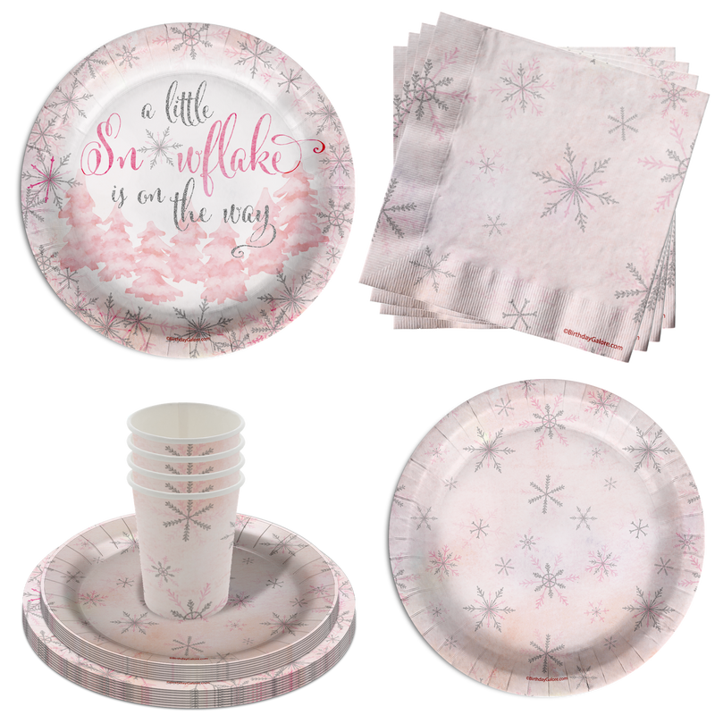 Little Snowflake on The Way Girl's Baby Shower Party Supplies 64 Piece Tableware Set Includes Large 9" Paper Plates Dessert Plates, Cups and Napkins Kit for 16