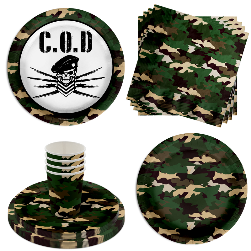 COD Call to Duty Military Game Birthday Party Supplies 64 Piece Tableware Set Includes Large 9" Paper Plates Dessert Plates, Cups and Napkins Kit for 16