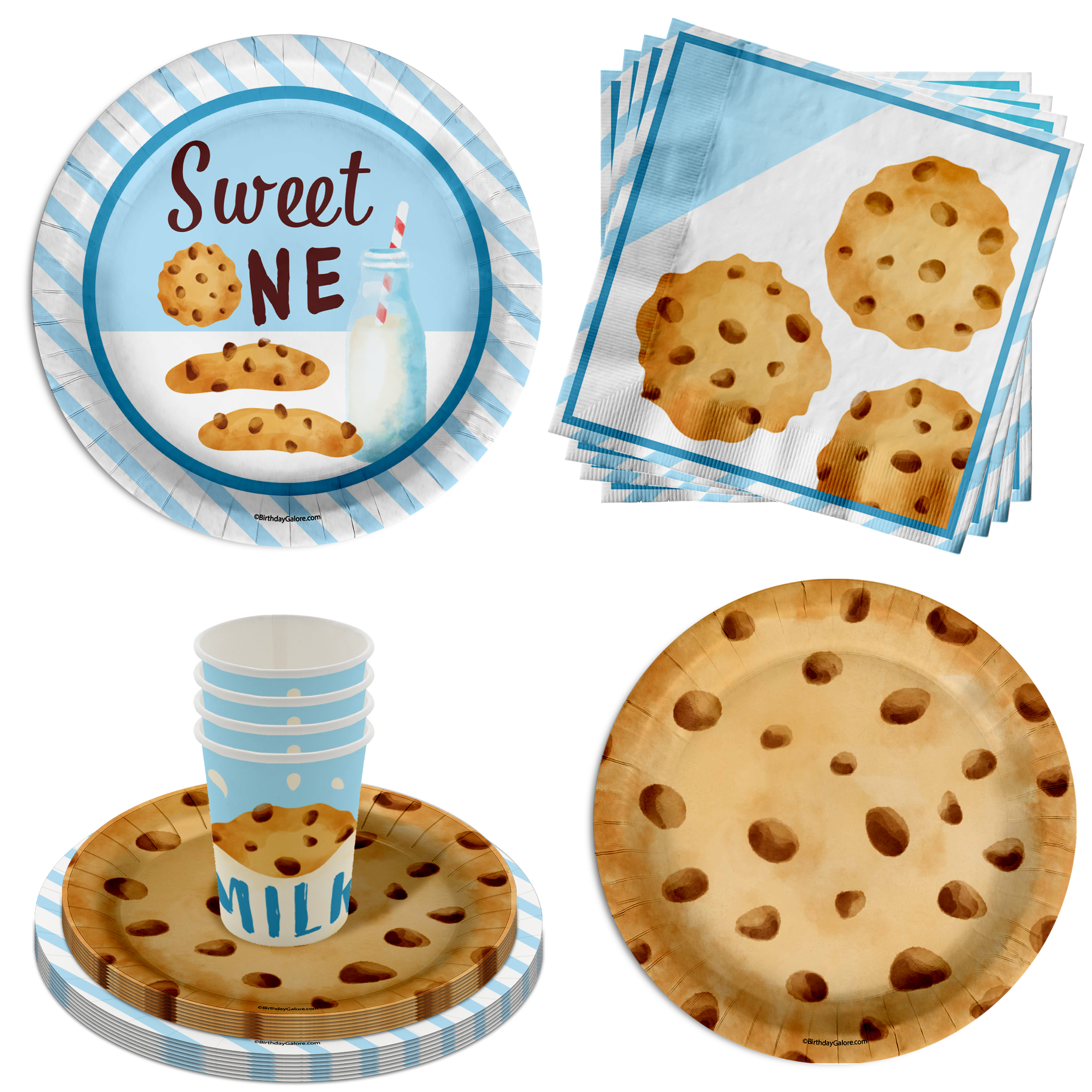 Sweet One Milk and Cookies 1st Birthday Paper Plates - 64 Piece Tableware Set Includes Large 9" Paper Plates Dessert Plates, Cups and Napkins Kit for 16