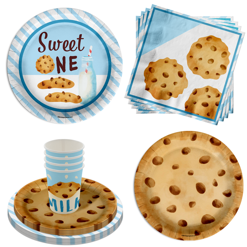 Sweet One Milk and Cookies 1st Birthday Paper Plates - 64 Piece Tableware Set Includes Large 9" Paper Plates Dessert Plates, Cups and Napkins Kit for 16