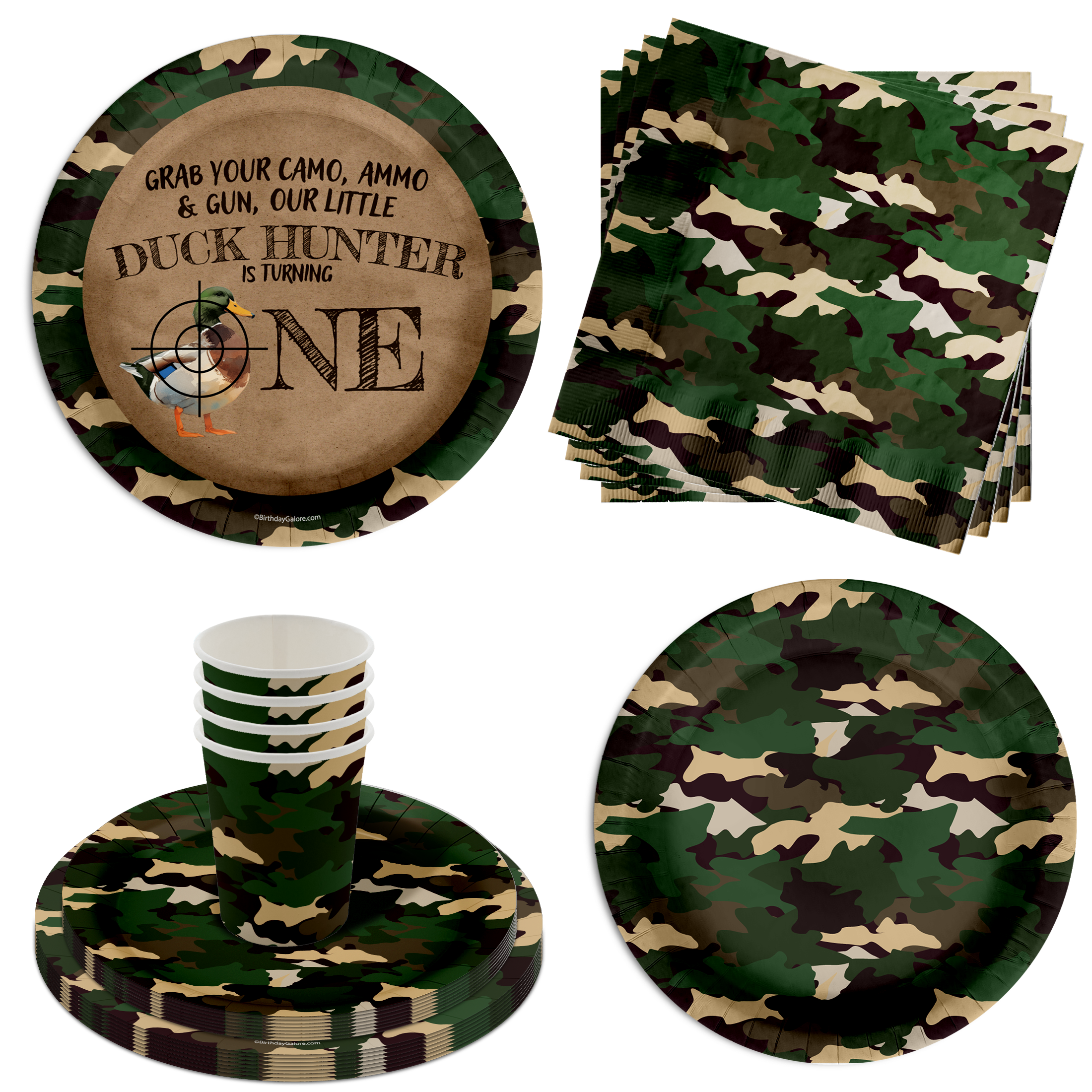 Duck Hunter 1st Birthday Party Supplies 64 Piece Tableware Set Includes Large 9" Paper Plates Dessert Plates, Cups and Napkins Kit for 16