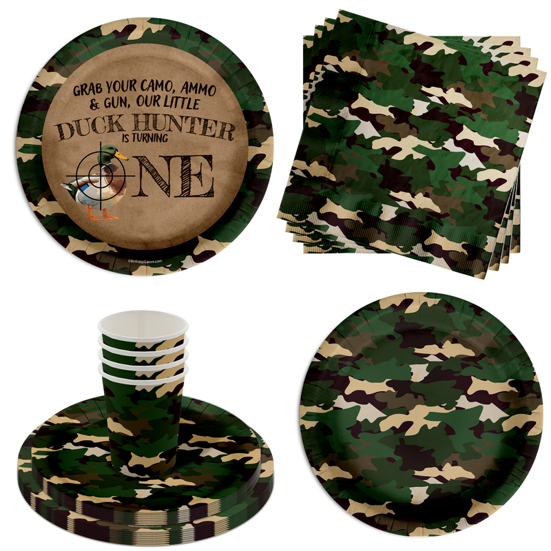 Duck Hunter 1st Birthday Party Supplies 64 Piece Tableware Set Includes Large 9" Paper Plates Dessert Plates, Cups and Napkins Kit for 16