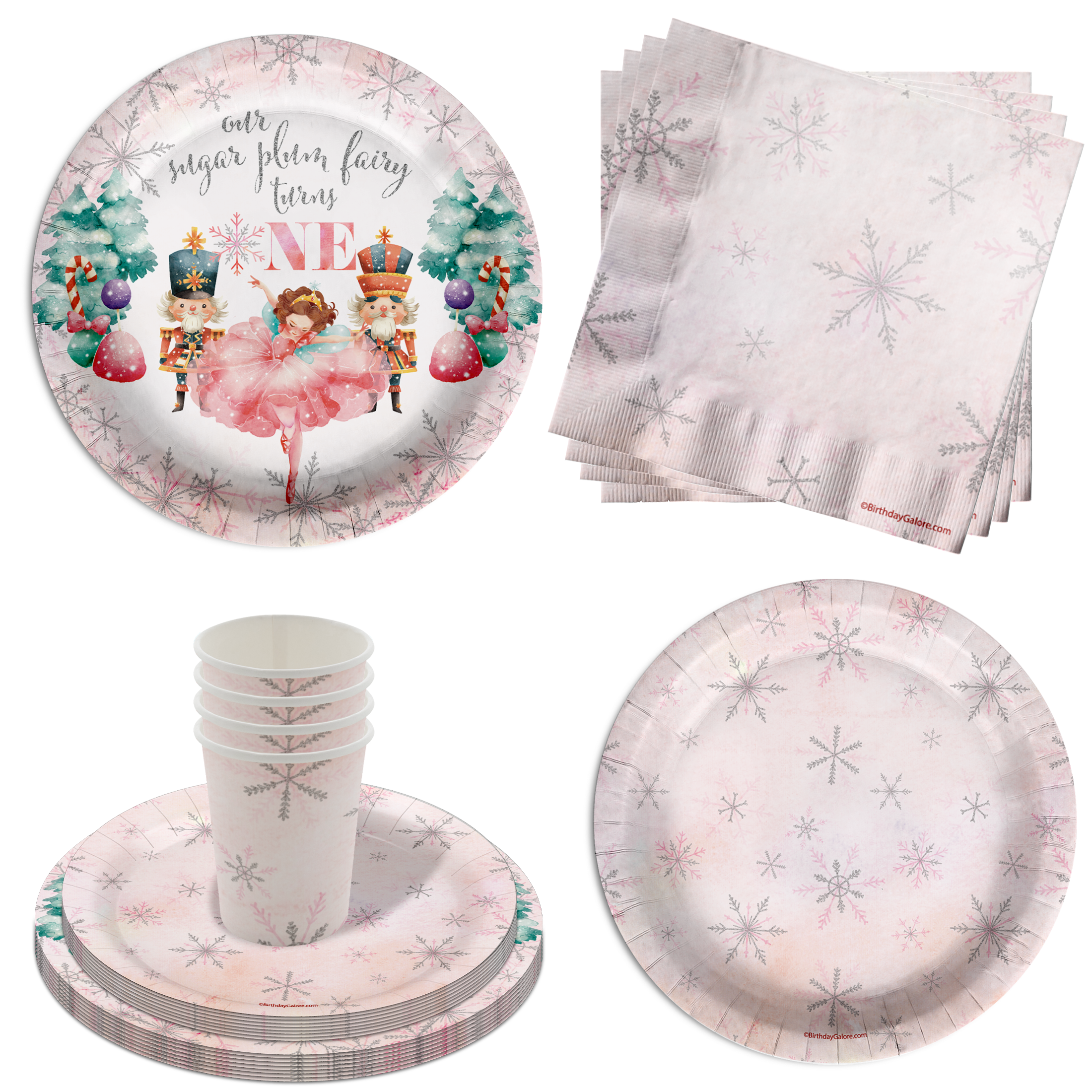 Sugarplum Fairy Turns One 1st Birthday Party Supplies 64 Piece Tableware Set Includes Large 9" Paper Plates Dessert Plates, Cups and Napkins Kit for 16