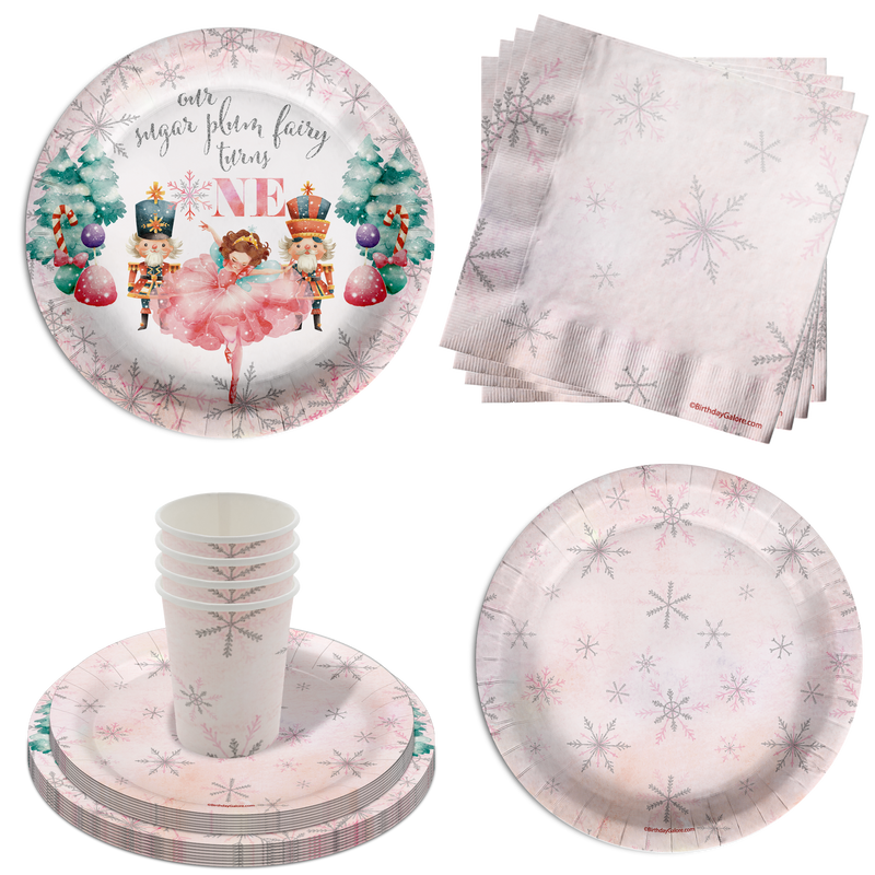 Sugarplum Fairy Turns One 1st Birthday Party Supplies 64 Piece Tableware Set Includes Large 9" Paper Plates Dessert Plates, Cups and Napkins Kit for 16