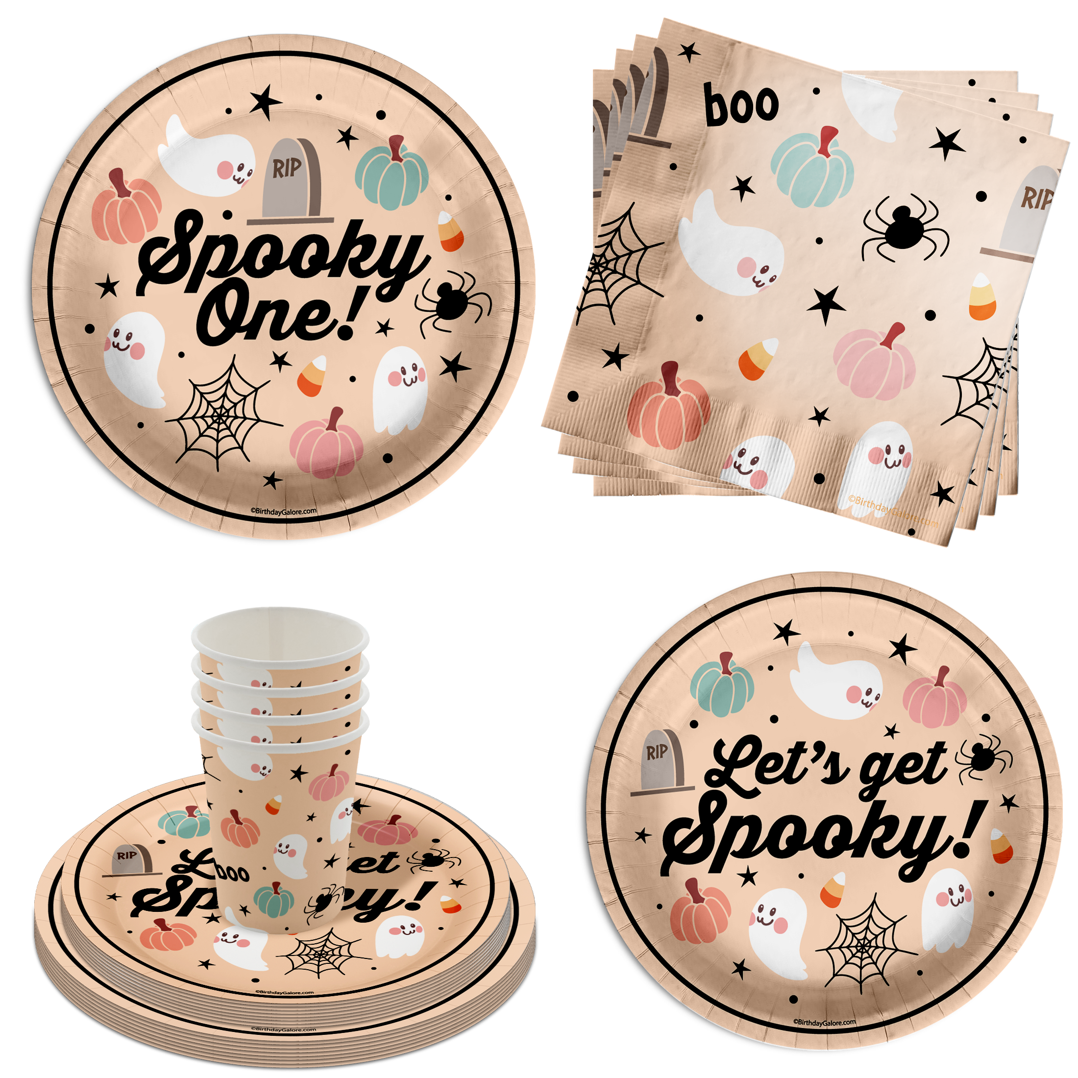 Spooky One 1st Birthday Party Supplies 64 Piece Tableware Set Includes Large 9" Paper Plates Dessert Plates, Cups and Napkins Kit for 16