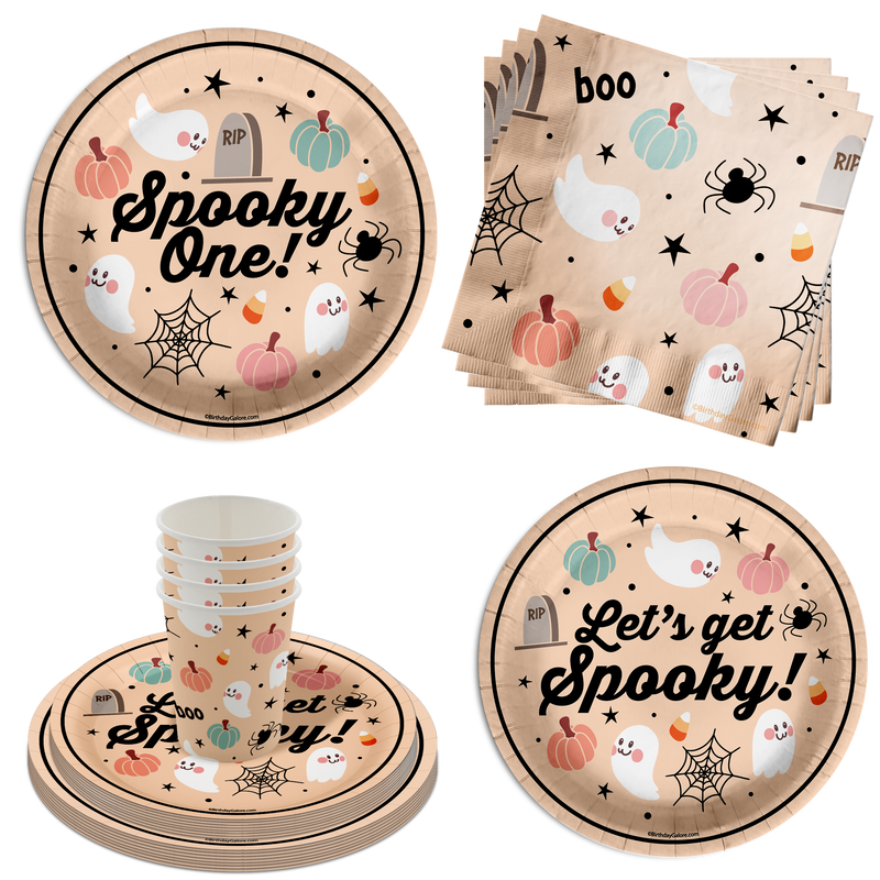 Spooky One 1st Birthday Party Supplies 64 Piece Tableware Set Includes Large 9" Paper Plates Dessert Plates, Cups and Napkins Kit for 16