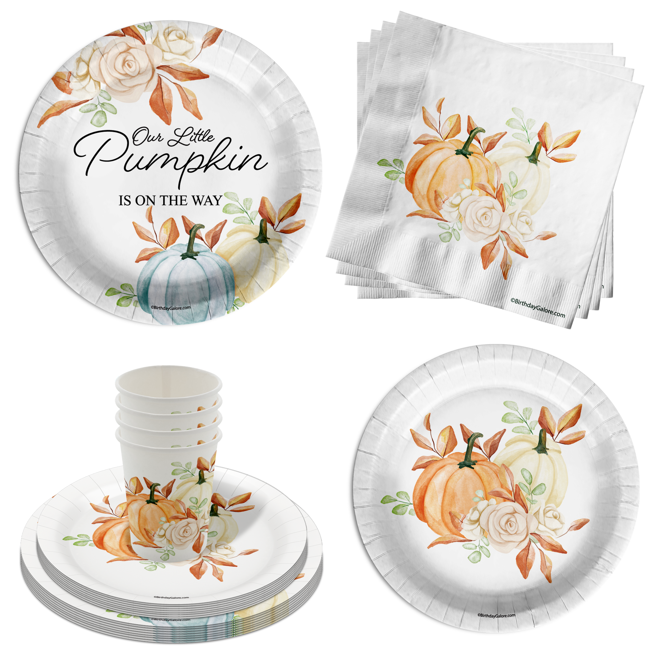 Our Little Pumpkin Is Almost Here Boy Baby Shower Party Supplies 64 Piece Tableware Set Includes Large 9" Paper Plates Dessert Plates, Cups and Napkins Kit for 16