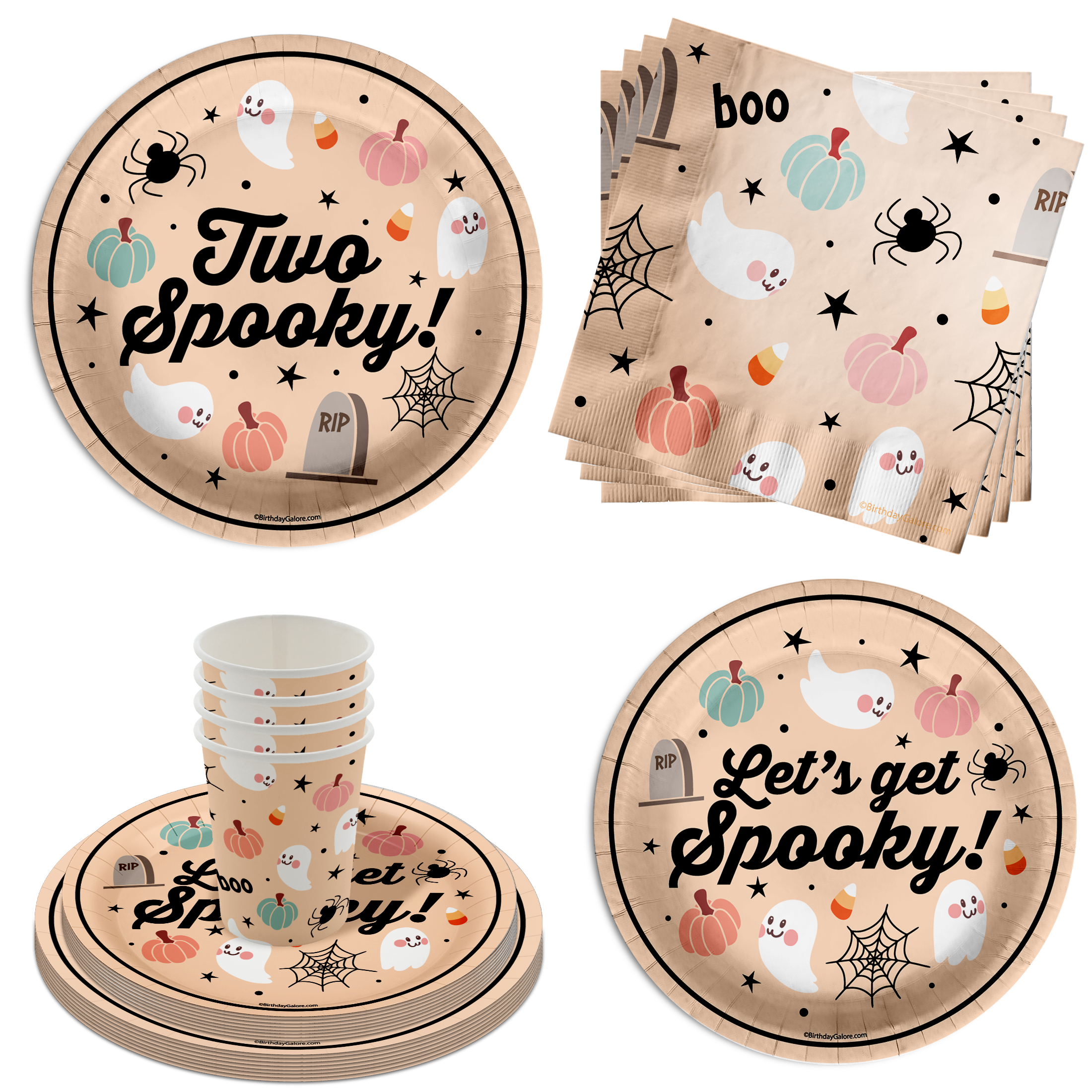 Two Spooky 2nd Birthday Party Supplies 64 Piece Tableware Set Includes Large 9" Paper Plates Dessert Plates, Cups and Napkins Kit for 16