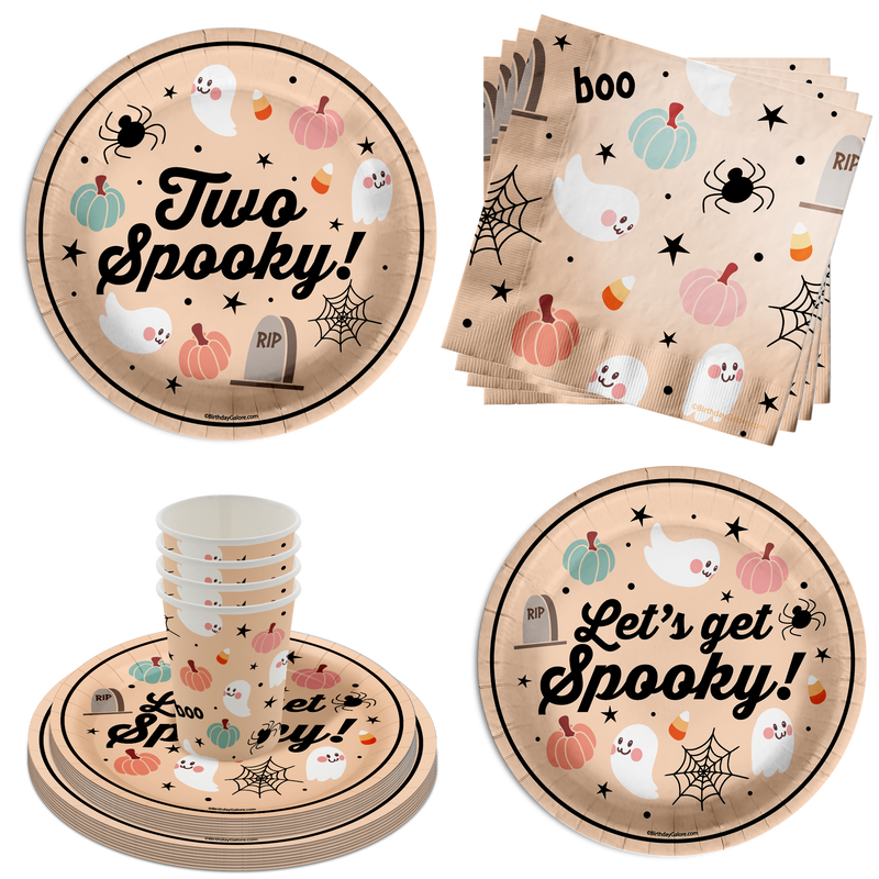 Two Spooky 2nd Birthday Party Supplies 64 Piece Tableware Set Includes Large 9" Paper Plates Dessert Plates, Cups and Napkins Kit for 16