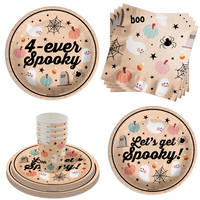 Four Ever Spooky 4th Birthday Party Supplies 64 Piece Tableware Set Includes Large 9" Paper Plates Dessert Plates, Cups and Napkins Kit for 16