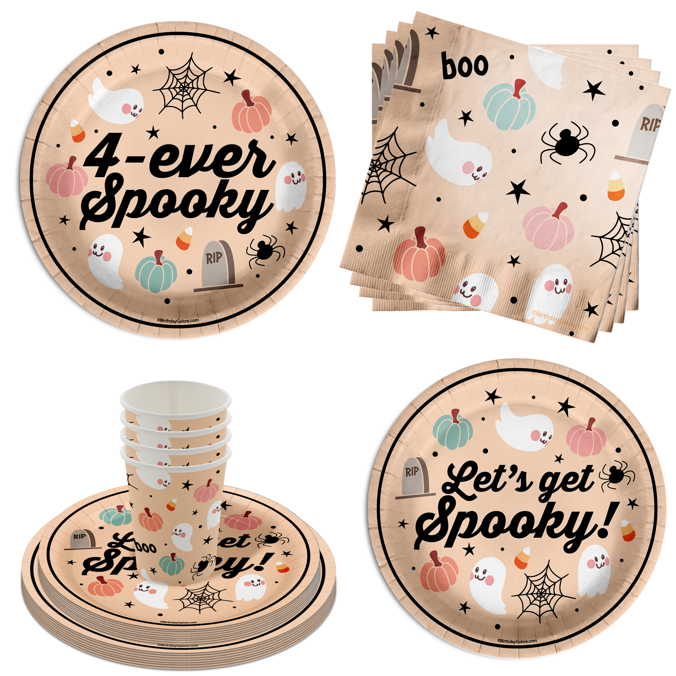 Four Ever Spooky 4th Birthday Party Supplies 64 Piece Tableware Set Includes Large 9" Paper Plates Dessert Plates, Cups and Napkins Kit for 16