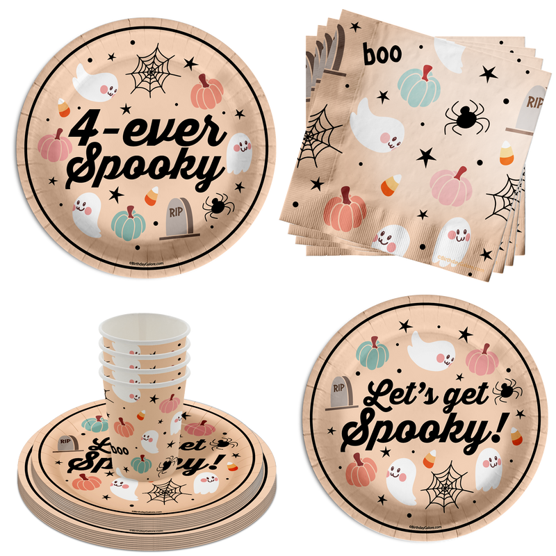 Four Ever Spooky 4th Birthday Party Supplies 64 Piece Tableware Set Includes Large 9" Paper Plates Dessert Plates, Cups and Napkins Kit for 16