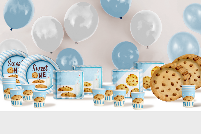 Sweet One Milk and Cookies 1st Birthday Paper Plates - 64 Piece Tableware Set Includes Large 9" Paper Plates Dessert Plates, Cups and Napkins Kit for 16