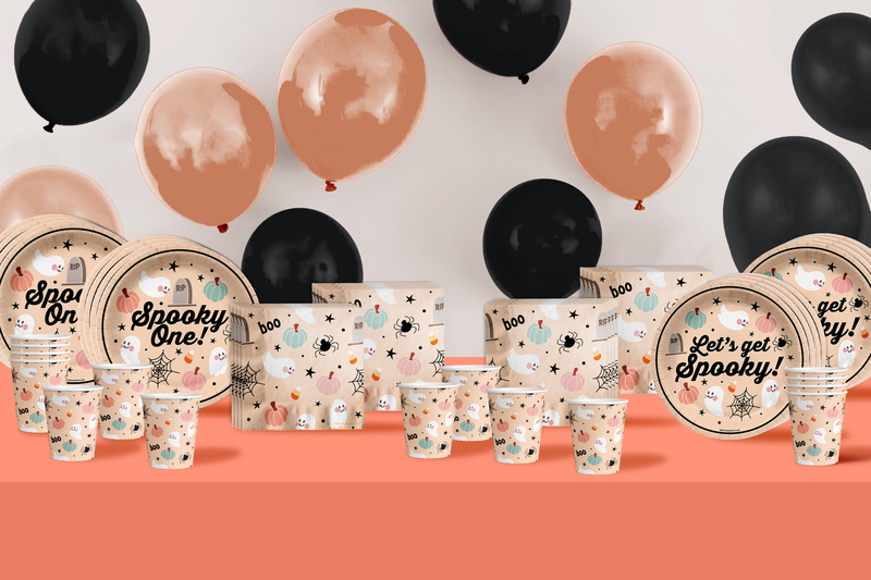 Spooky One 1st Birthday Party Supplies 64 Piece Tableware Set Includes Large 9" Paper Plates Dessert Plates, Cups and Napkins Kit for 16