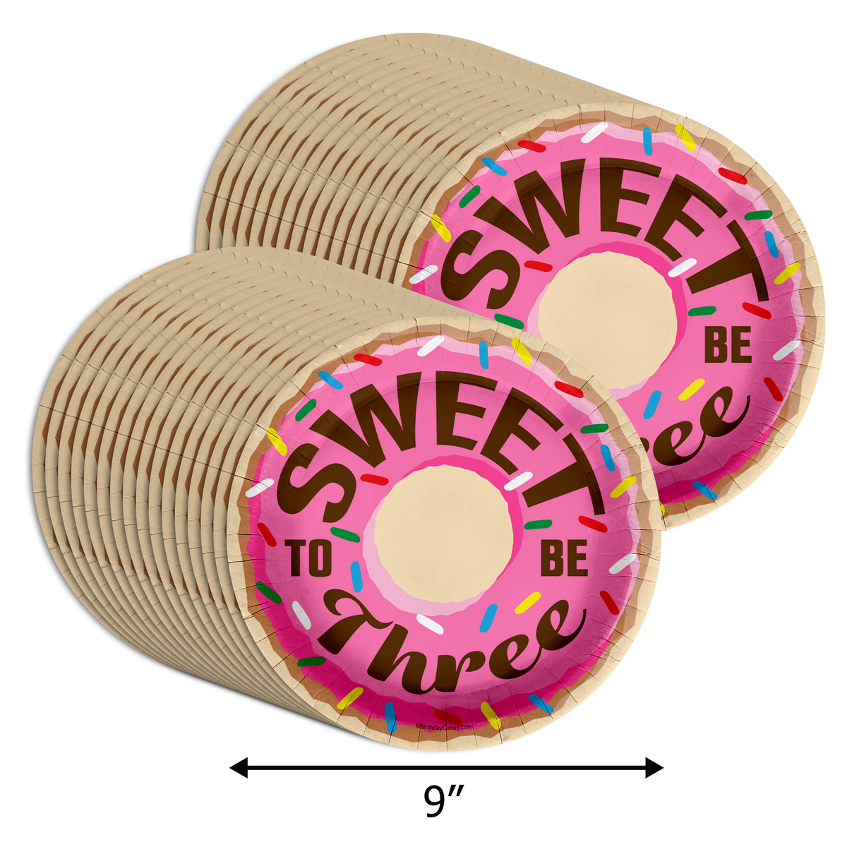 Girls 3rd Birthday Party Supplies - Sweet to Be Three Donut Birthday Paper Plates - Large 9" Paper Plates in Bulk 32 Piece